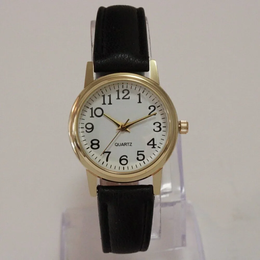 Ladies Easy Reader Dress Quartz Watch Gold-toned Black Strap White Dial 28mm
